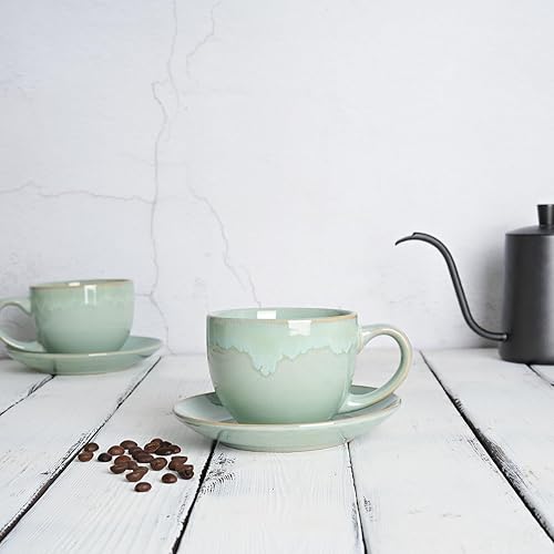 Miniatura 4 de Bosmarlin Juego de 2 tazas y platillo de cerámica para capuchino, 10 onzas, tazas de café para café con leche, expreso, té, lavavajillas y