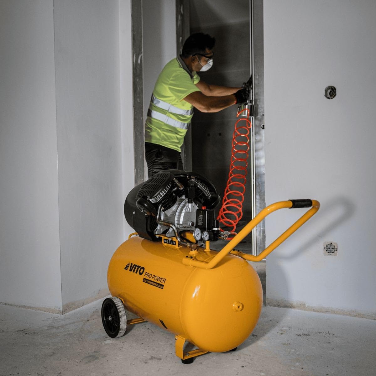 VITO - Compresor de aire aceite 100L 10Bar 3CV 2.2KW Doble cilindro 145 Psi, sobre ruedas, talleres y astilleros