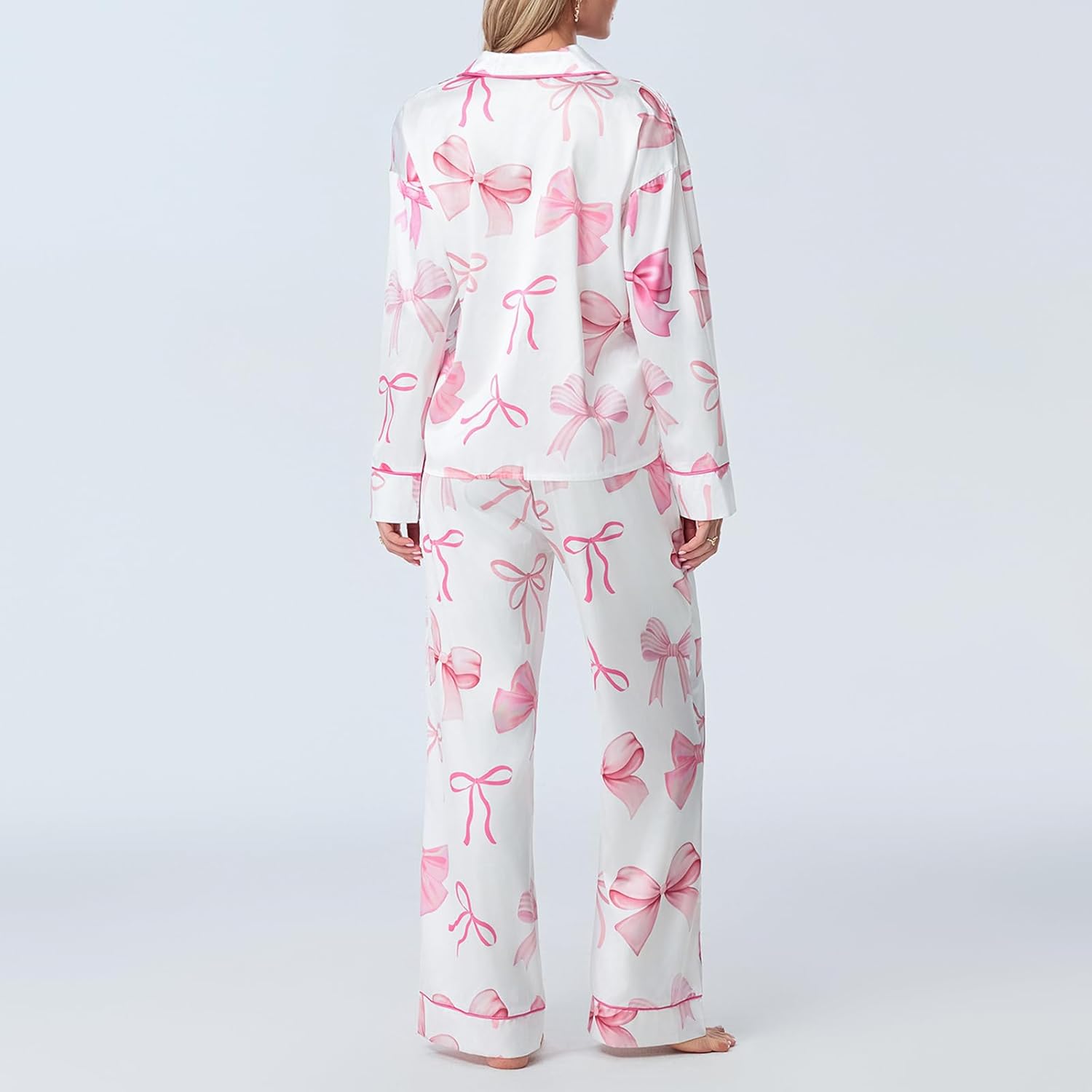 Women 2 Piece Lounge Outfit Bow Print Satin Pajama Set Long Sleeve Lapel Button Sleepwear Sets 7 61 w0fsAtbL. AC SL1500