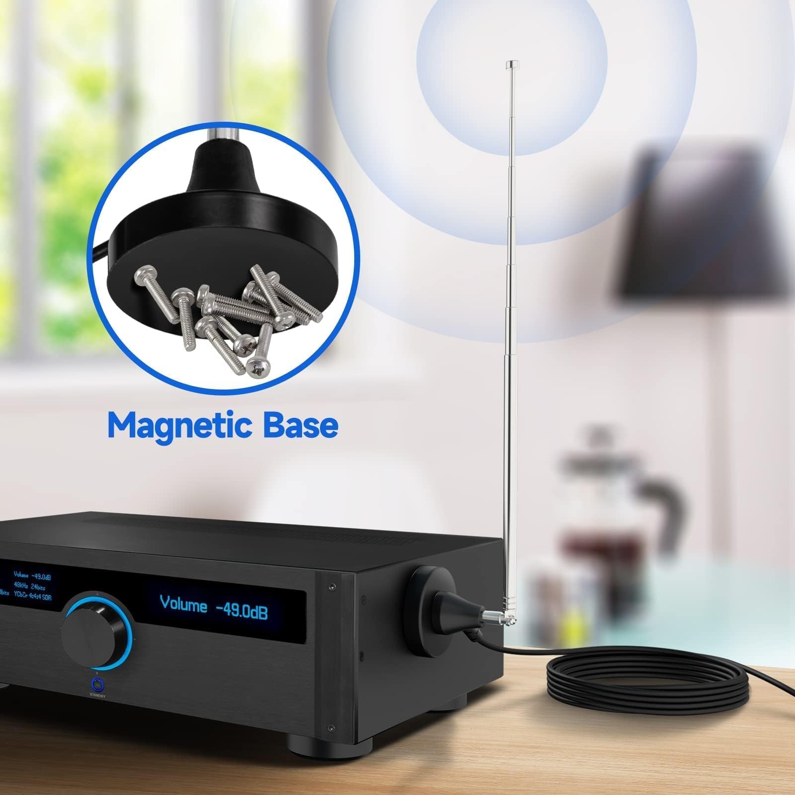 Bingfu Antenne Radio Dab FM Intérieure Télescopique 79 cm Antenne Numérique Amplifiée Maison avec Base Magnétique Câble de 3m pour Chaine HiFi Ampli Tuner FM Dab+ Dab Poste Radio Récepteur AV Stéréo