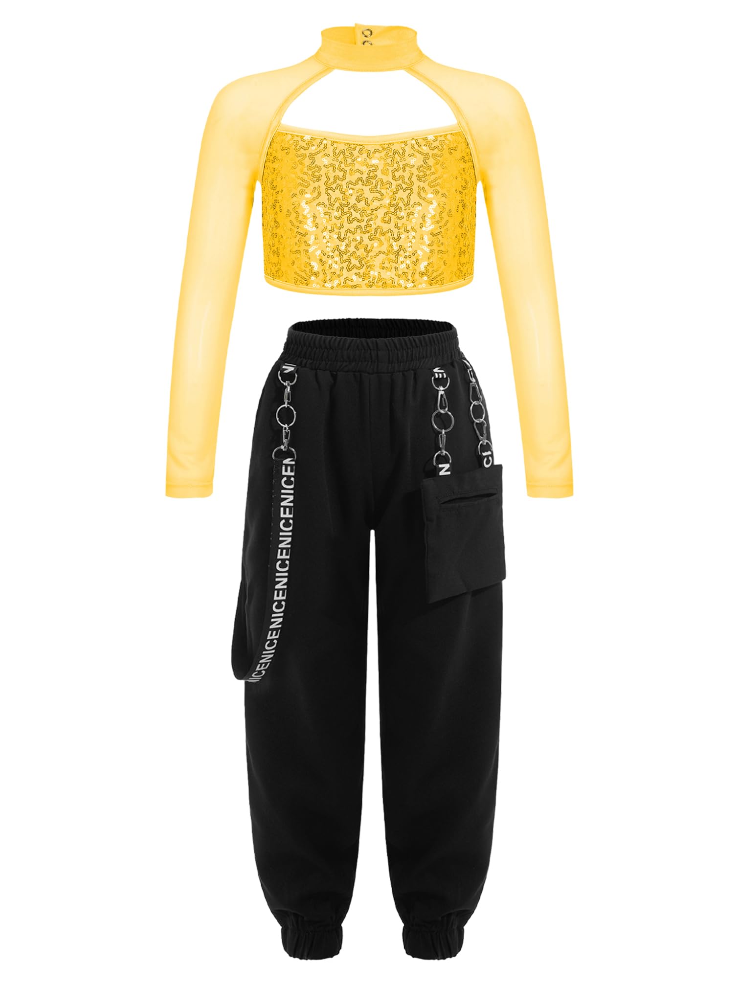 YiZYiF Kids Girls Hip Hop Clothes 2 Piece Outfits Sequin Long Sleeve Crop Tops Cargo Pants Set Jazz Street Dancewear