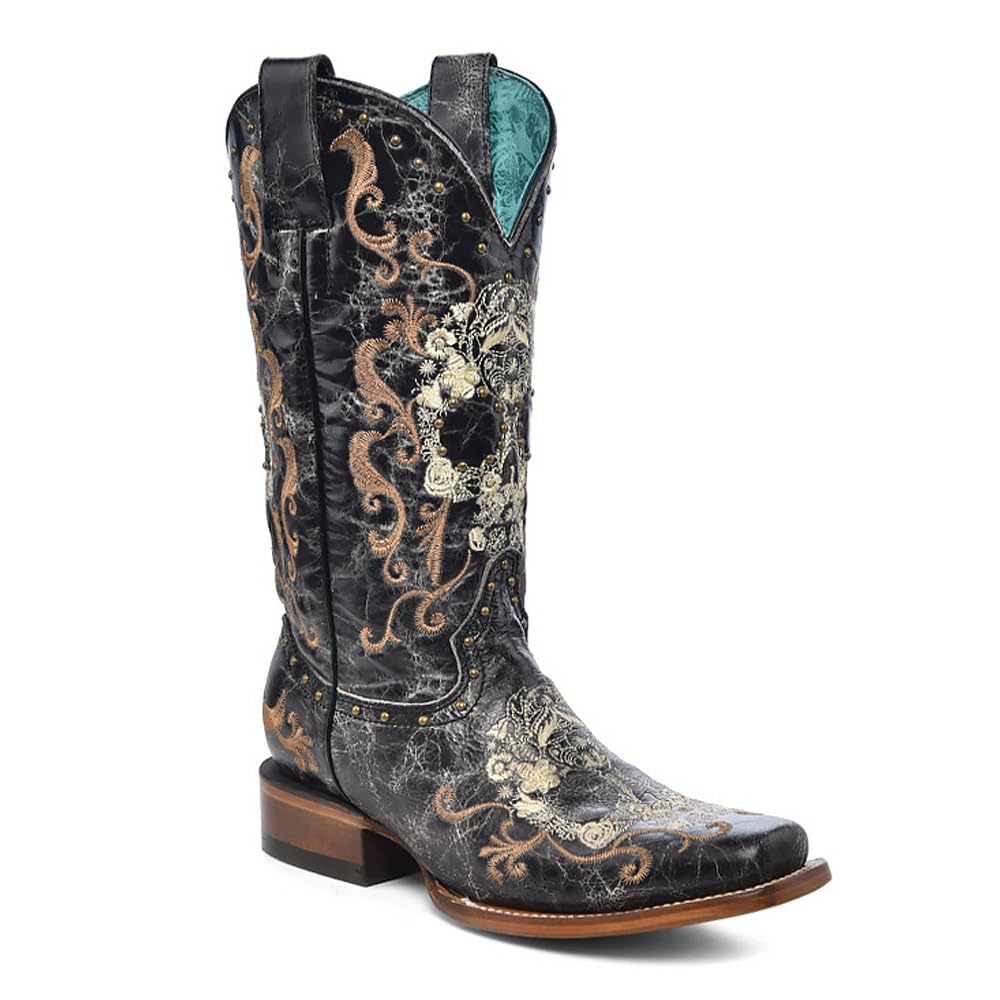 Corral Boots Women's Black and White Handcrafted Western Boots | Square Toe Cowboy Boots with Floral Sugar Skull Design
