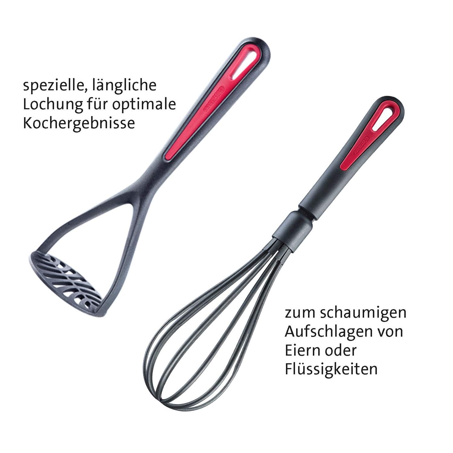 Westmark Küchenhelfer-Set, 6-tlg, Pfannenwender, Schaum-, Spaghettilöffel, Suppenkelle, Kartoffelstampfer, Schneebesen, Hochwertiger Kunststoff, Gallant, Schwarz/Rot, 290022E6