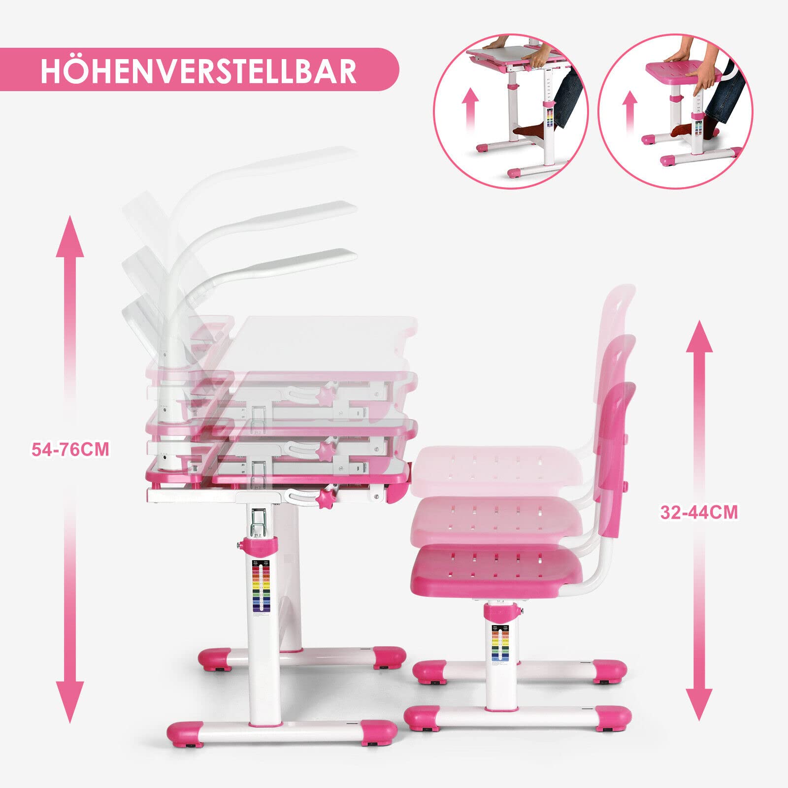 JOYLDIAS Escritorios Infantiles, Mesa Escritorio Niño Regulable en Altura con Lámpara, con Silla y Cajón, Incluye Cubo Pequeño/Rosa