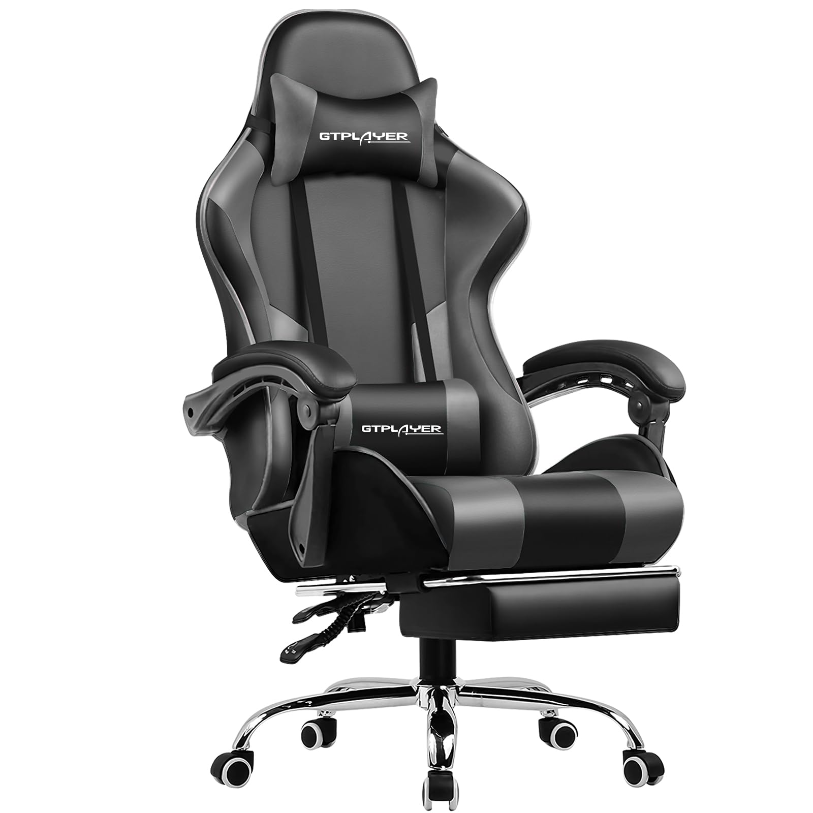 GTPlayer ゲーミングチェア オットマン付き デスクチェア オフィスチェア ゲームチェア 145°リクライニング ハイバック ヘッドレスト ひじ掛け ランバーサポート テレワーク 椅子 パソコンチェア 蒸れない座面 PUレザー 気孔付き皮革 イス gaming chair 电竞椅 ブラック PL800-GRAY