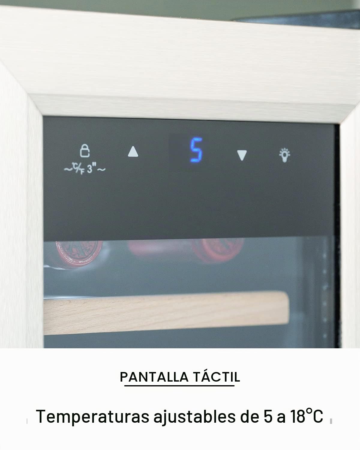 Kalamera Nevera pequeña para vino, 5 – 18 °C, compresor, 12 botellas, almohadillas de madera extraíbles, 35 litros, KRC-35FCSS Vinoteca