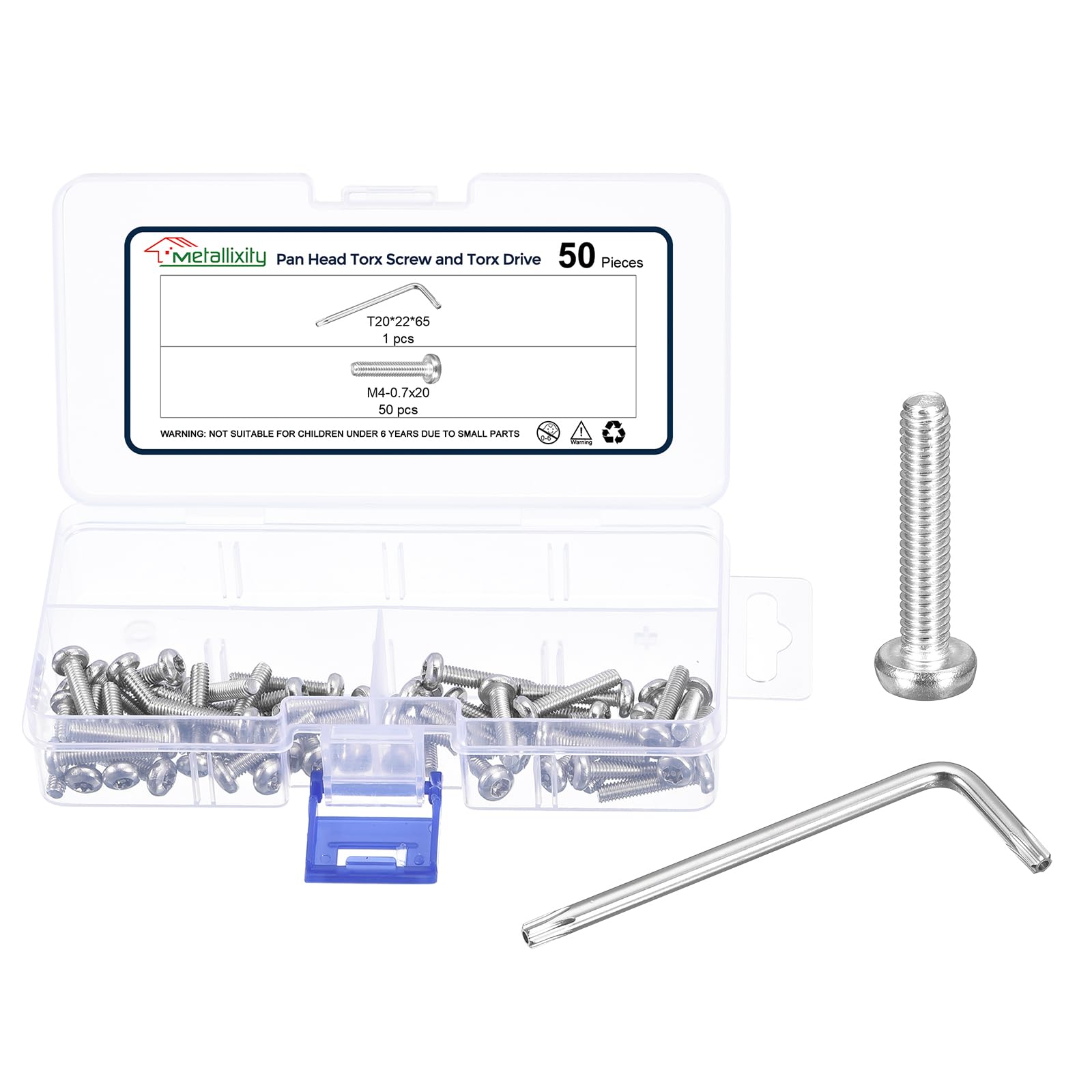 METALLIXITY Pan Head Torx Screws (M4-0.7x20mm) 50pcswith Wrench, Button Torx Head Machine Screws 304 Stainless Steel