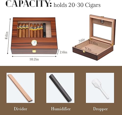 Miniatura 4 de Bald Eagle Humidor de puros, caja superior de vidrio con higrómetro humidificador, caja de madera de cedro de escritorio hecha a mano con capacidad