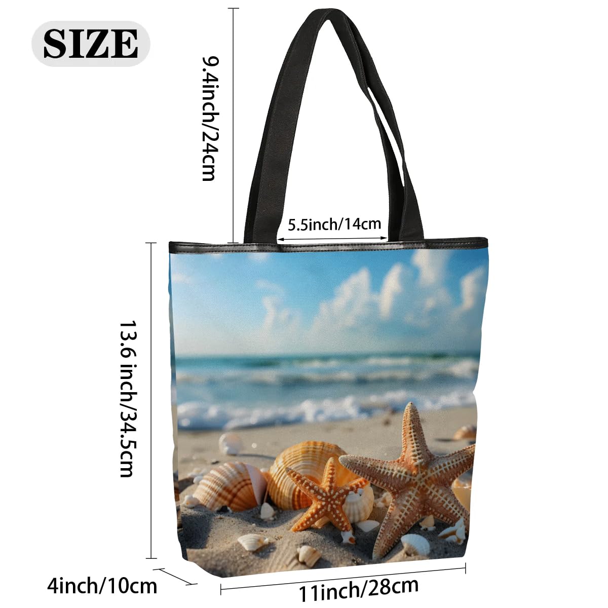 Mularoka Starfish Shell Beach Canvas Tote Bag with Zipper and Pockets Canvas Tote Shopping Bag Women Reusable Grocery Bag for Beach Travel Gym Shopping