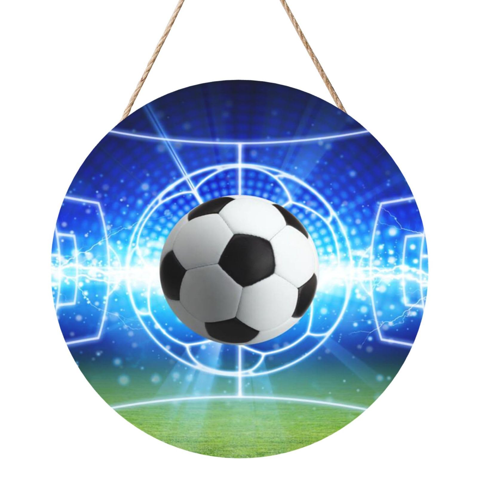 InOmak Soccer Ball Glitter Football Field, Round Wood Panel Painting 12 in, Wall Hanging Painting For Home