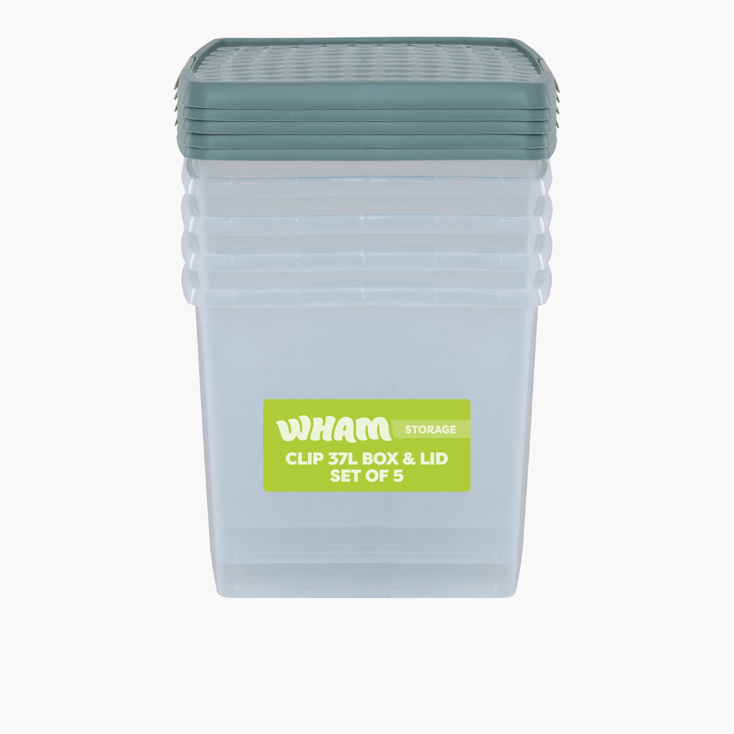 Wham Clip 5 x 37L Square Stackable Plastic Storage Boxes with Lids | Ideal for Home, Office, Toys & More | Storage Containers with Clip Locks | Made in UK - Clear/Green Milieu