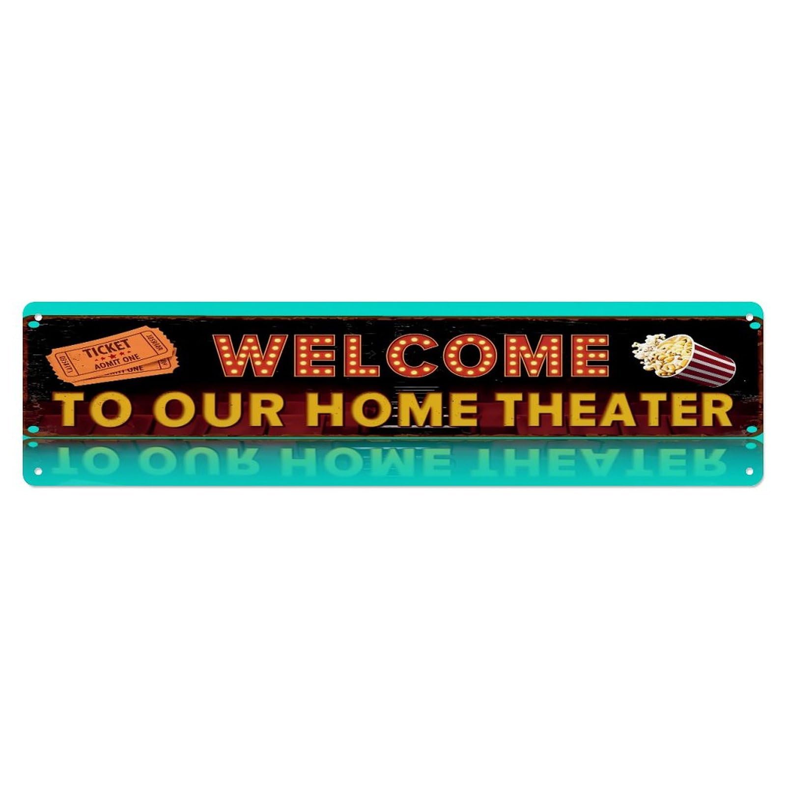 Jdyaojiesheng Vintage Welcome Home Theater Sign Pattern Tin Sign Retro Metal Wall Decor Metal Poster, Home Bar Garage Farmhouse Cafe Wall Art Decoration 4X16inch