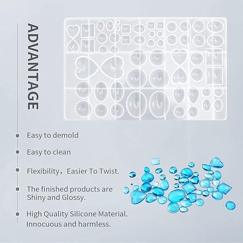 Miniatura 3 de Molde de silicona súper brillante con 58 cavidades para gemas de varias formas: redondo, lágrima, cuadrado, ovalado, corazón, gema 3D, resina epoxi,