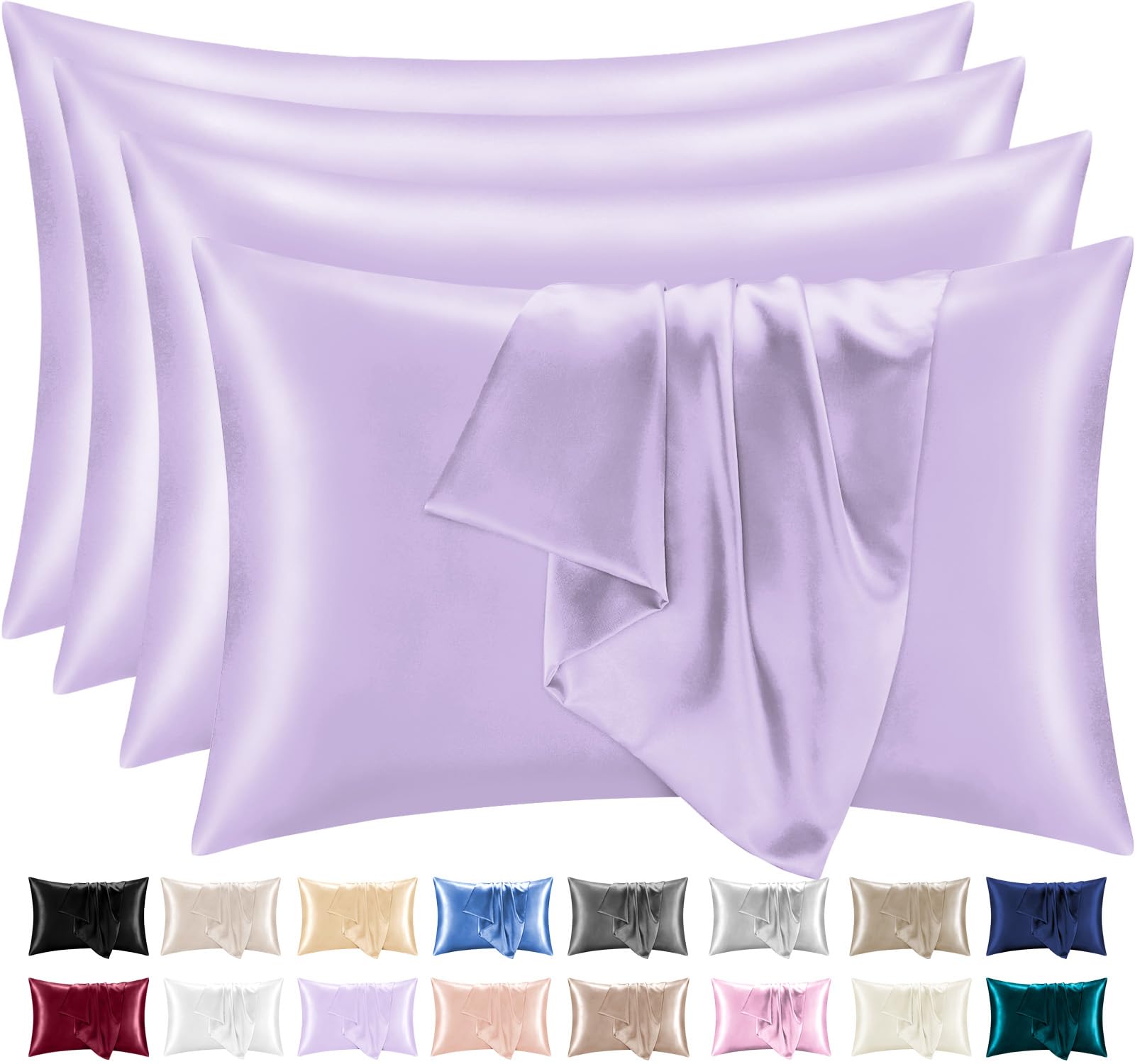 Lazzaro Home Feel The Difference 11 - Purple Lazzaro Satin Silk Pillowcases For Hair And Skin - Hypoallergenic Silk Pillow Cases 4 Pack With Envelope Closure - Ultrasoft Standard Size Purple Silk Pillowcases (50 X 75 Cm)