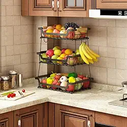 Fruteira de Mesa 3 Níveis em Metal – Organizador de Frutas, Legumes e Pães com Alças (3 Camadas)