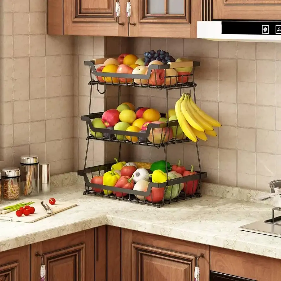 Fruteira de Mesa 3 Níveis em Metal – Organizador de Frutas, Legumes e Pães com Alças (3 Camadas)