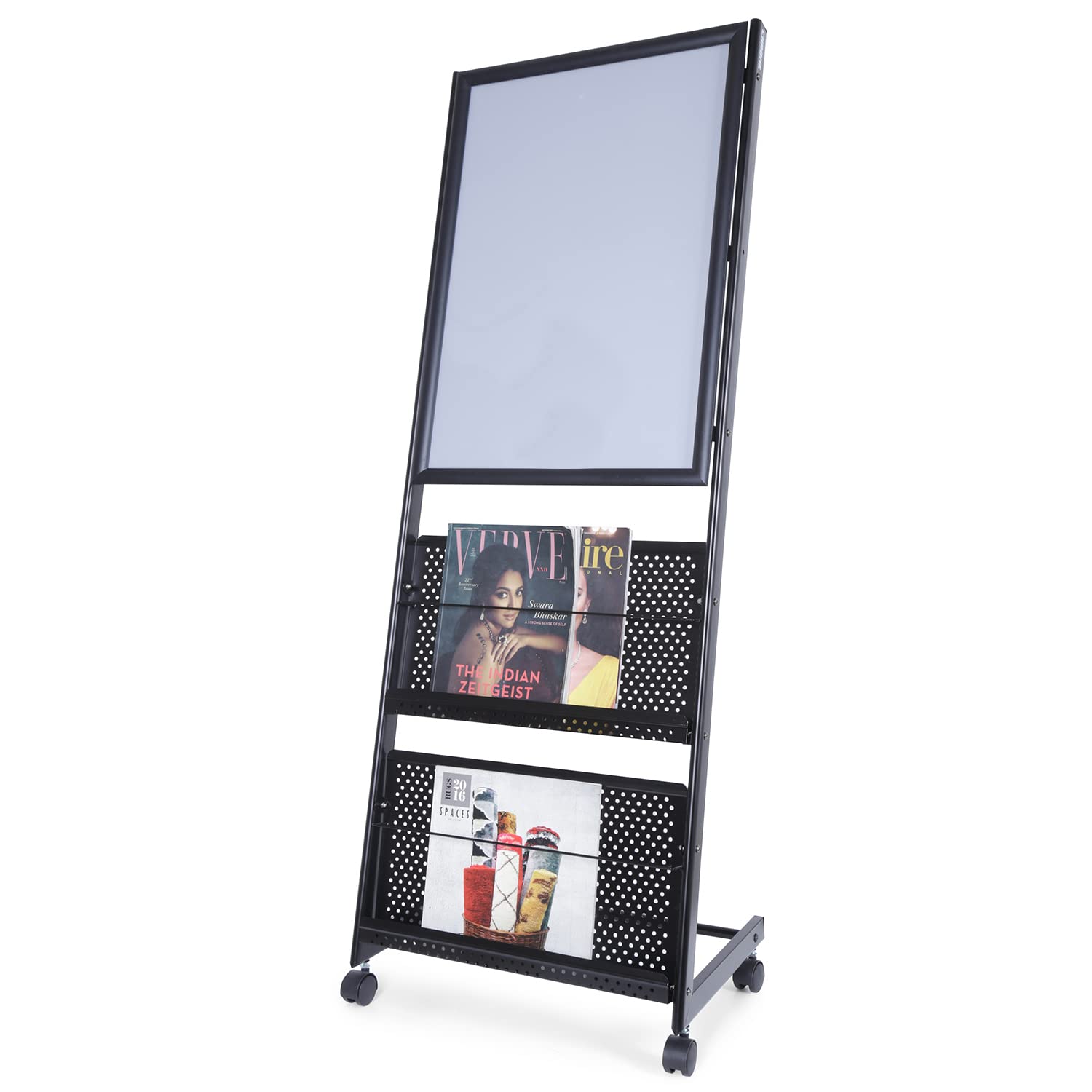 Chrome Floor Display Magazine Stand & Newspaper Holder, Organiser Rack with Top Changeable Display and 2 Compartments and 4 Wheels, Black (9192)-picture-22