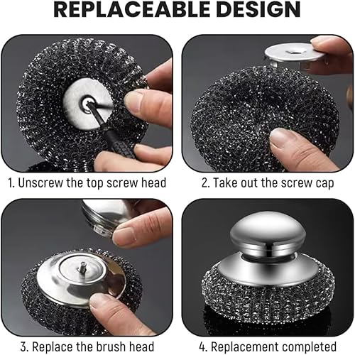 Miniatura 4 de Paquete de 2 fregadores de acero inoxidable, 2025 nuevo limpiador de platos de lana de acero con asa para limpiar platos, ollas de hierro, estufas,