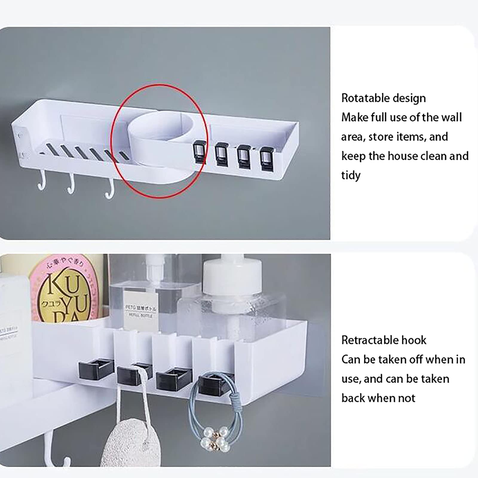 estantes de baño exquisitos Estante de baño montado en la Pared Ducha sin perforación Estante de Ducha con Ganchos Estante Giratorio para Cocina baño Inodoro/Negro