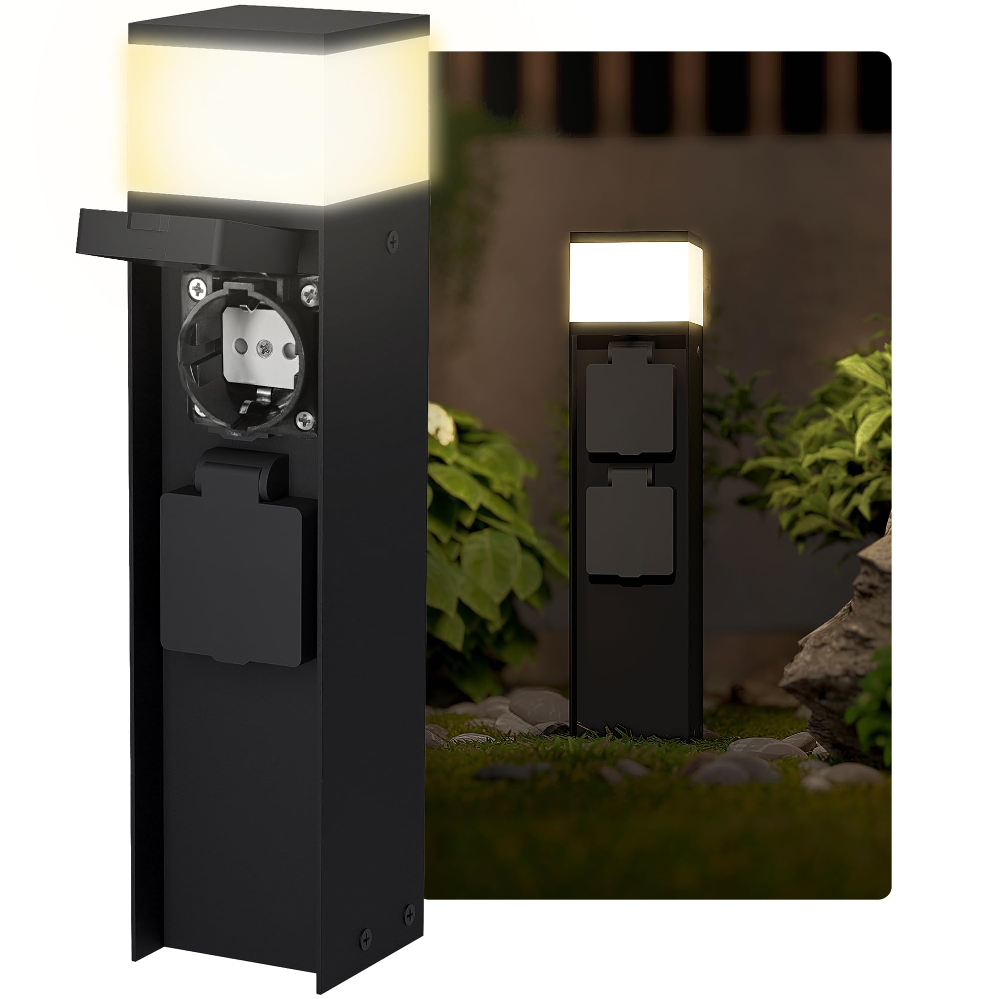SSC-LUXon ZAVO Energiesäule schwarz IP44 inkl. LED G9 3W warmweiß und 2 Schuko-Steckdosen wetterfeste Energiesäule Gartenstrahler