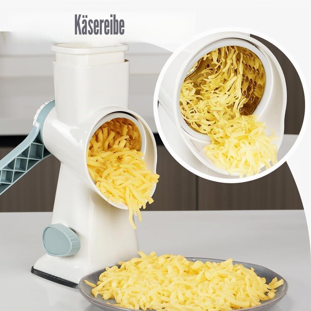 KEOUKE Käsereibe Mit Kurbel Trommelreibe Reibe Mit Griff Gemüse Käse Shredder Slicer Reibe Für Küche 3 Wechselklingen Für Käse Kartoffel Zucchini Nüsse Schokolade (Weiß - Blau)