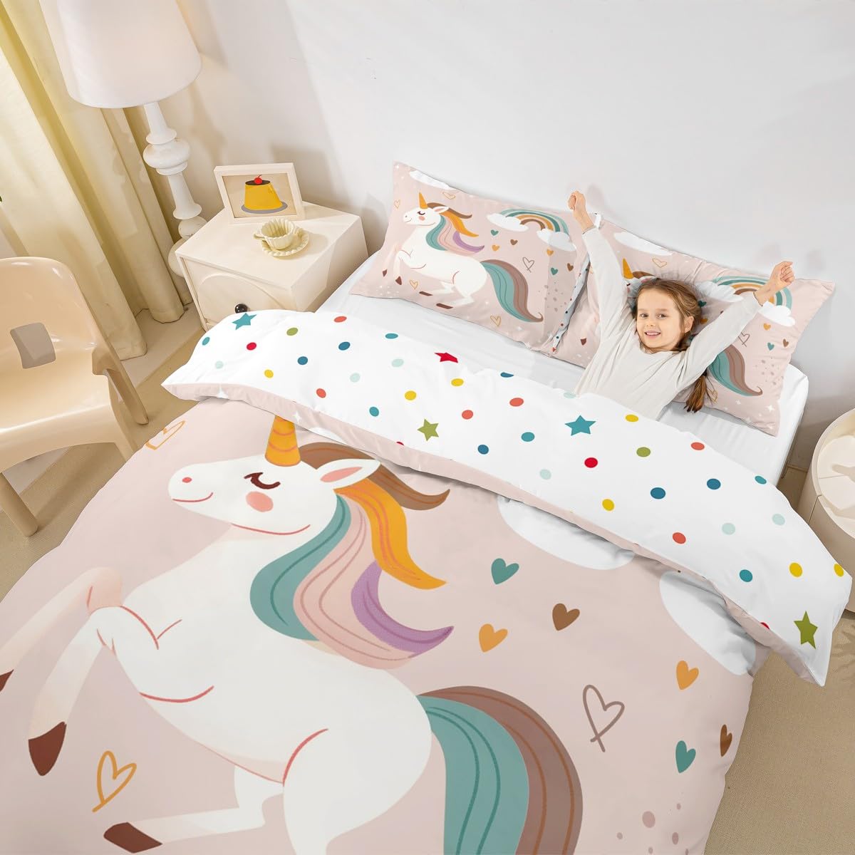 Homewish Cute Unicorn King Duvet Cover Set Rainbow Unicorn Toddler Bedding Set for Kids Girls Kawaii Love Hearts Decor Quilt Cover Reversible Cartoon Animal Bed Sets - Image 3