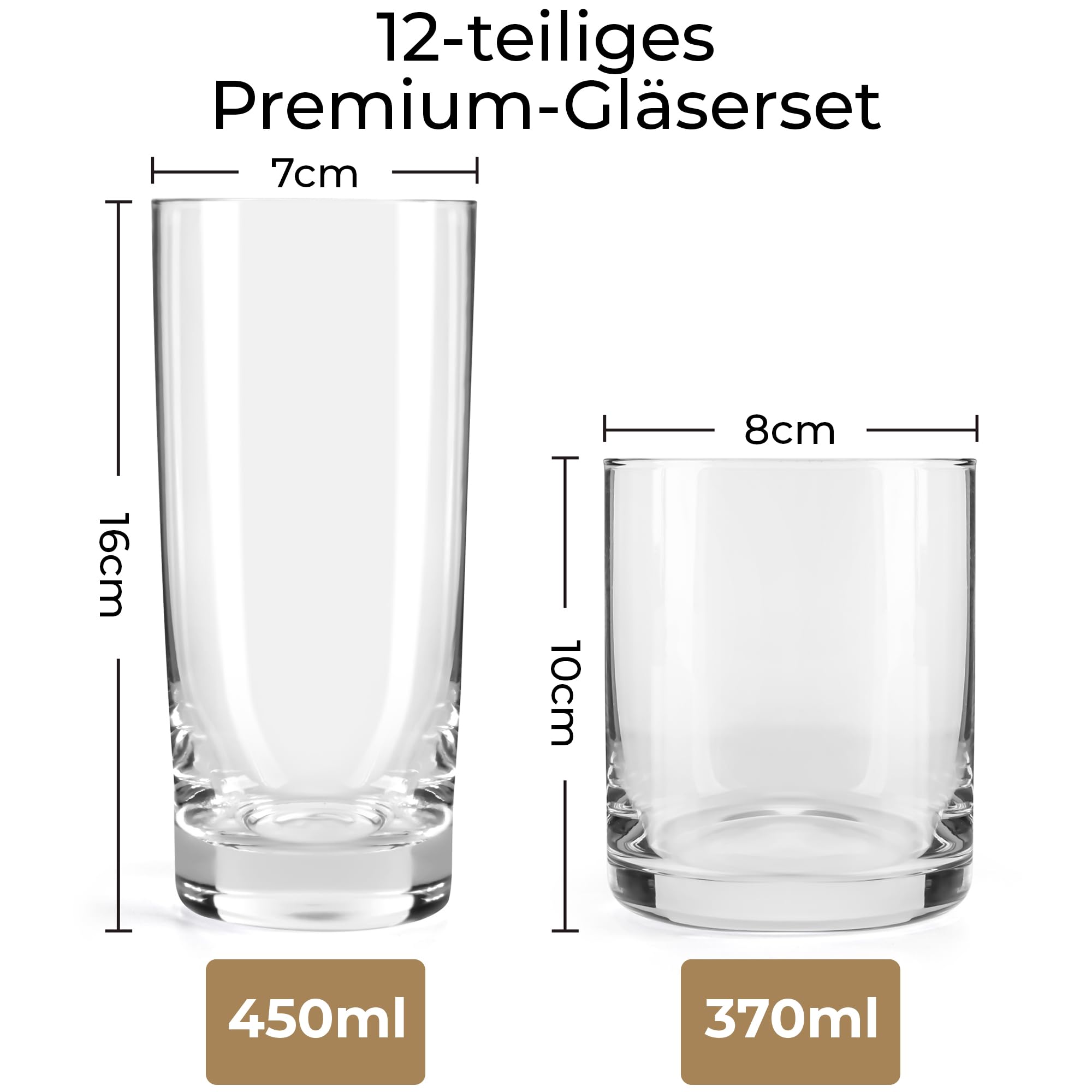 MIAMIO - Trinkgläser Set/Wassergläser Set (12 Stück) - spülmaschinenfest | Trinkgläser / Glas Set für Wasser, Saft und Getränke, Gläser Set für den Alltag (6x370ml, 6x 450ml)