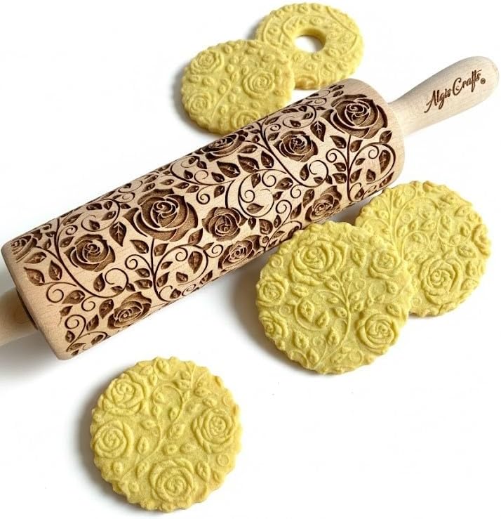 DAMASCUS ROSES Embossed Rolling Pin Wooden Embossing Dough Roller for Cookies and Ceramic by Algis Crafts