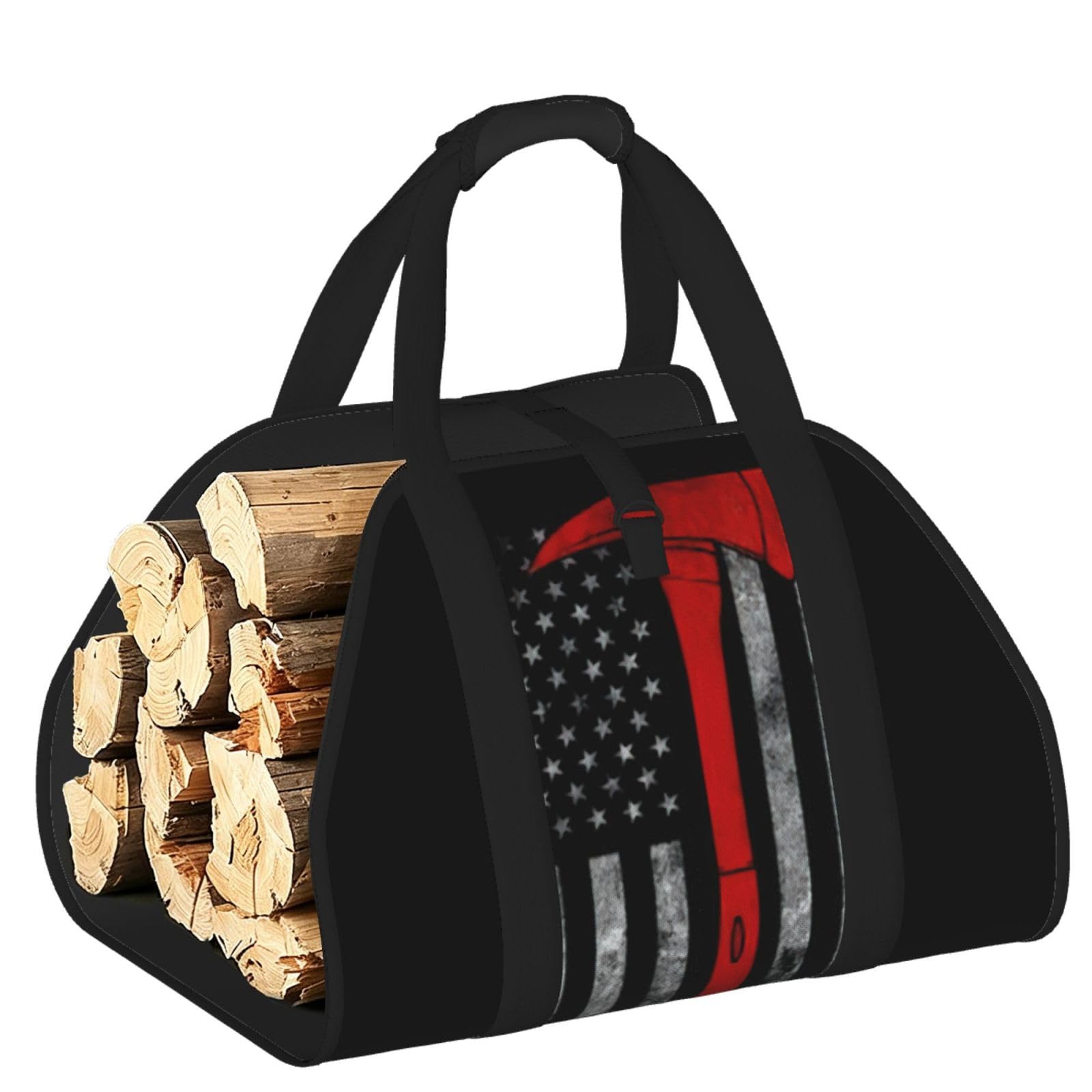 Firefighter Axe Red Line Flag Printed Firewood Carrier Bag, Log Tote with Open-Ended Design for Camping Outdoor Wood Hauling