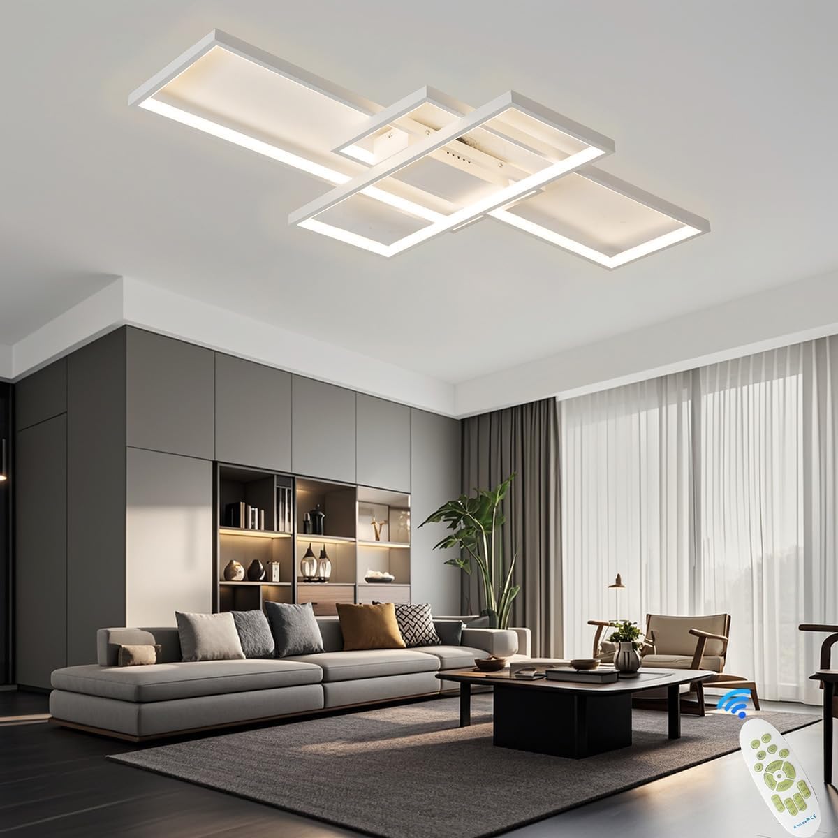 LED-Deckenleuchte Wohnzimmer Lampe dimmbar mit Fernbedienung 3000K-6000K, New Entwurf Unregelmäßige Rechteckige Deckenlampe Acryl Küche Schlafzimmer Energiespar dekorative Lampen (140*80CM, White)