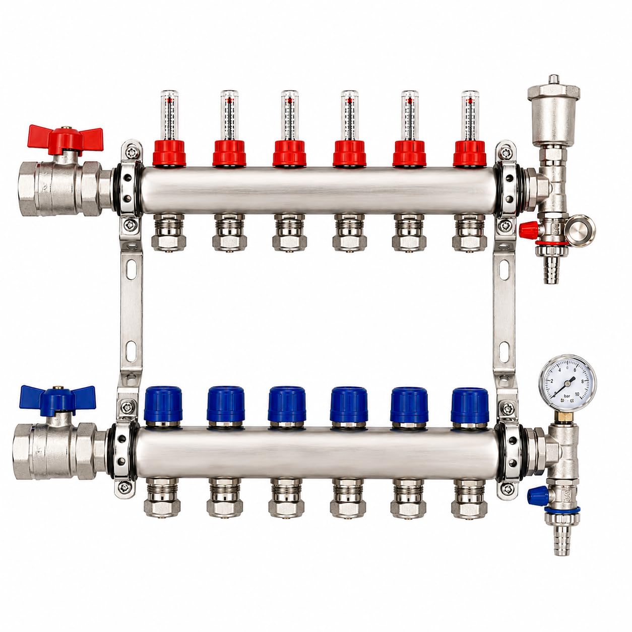 Underfloor Heating Manifold 6 Port Stainless Steel | Pipe Connections | 1inch Ball Valves | Pressure Gauge | Automatic Air Vent | UFH System (Copper 15mm eurocone)