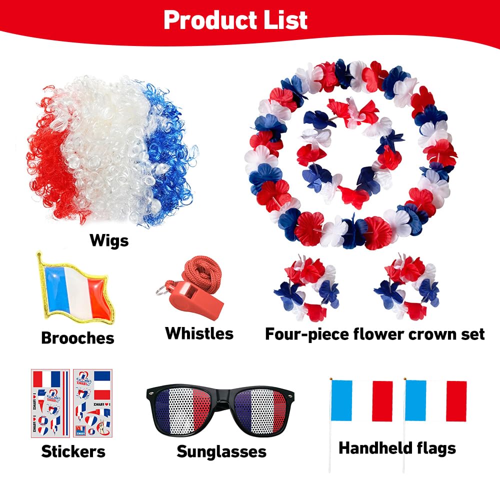 12 Pièces Kit Supporter Equipe de France, 1 Bandeau Perruque + 4 Couronne + 2 Autocollants Visages + 1 Lunettes + 1 Broche + 2 Tenant Un Petit Drapeau + 1 Sifflet