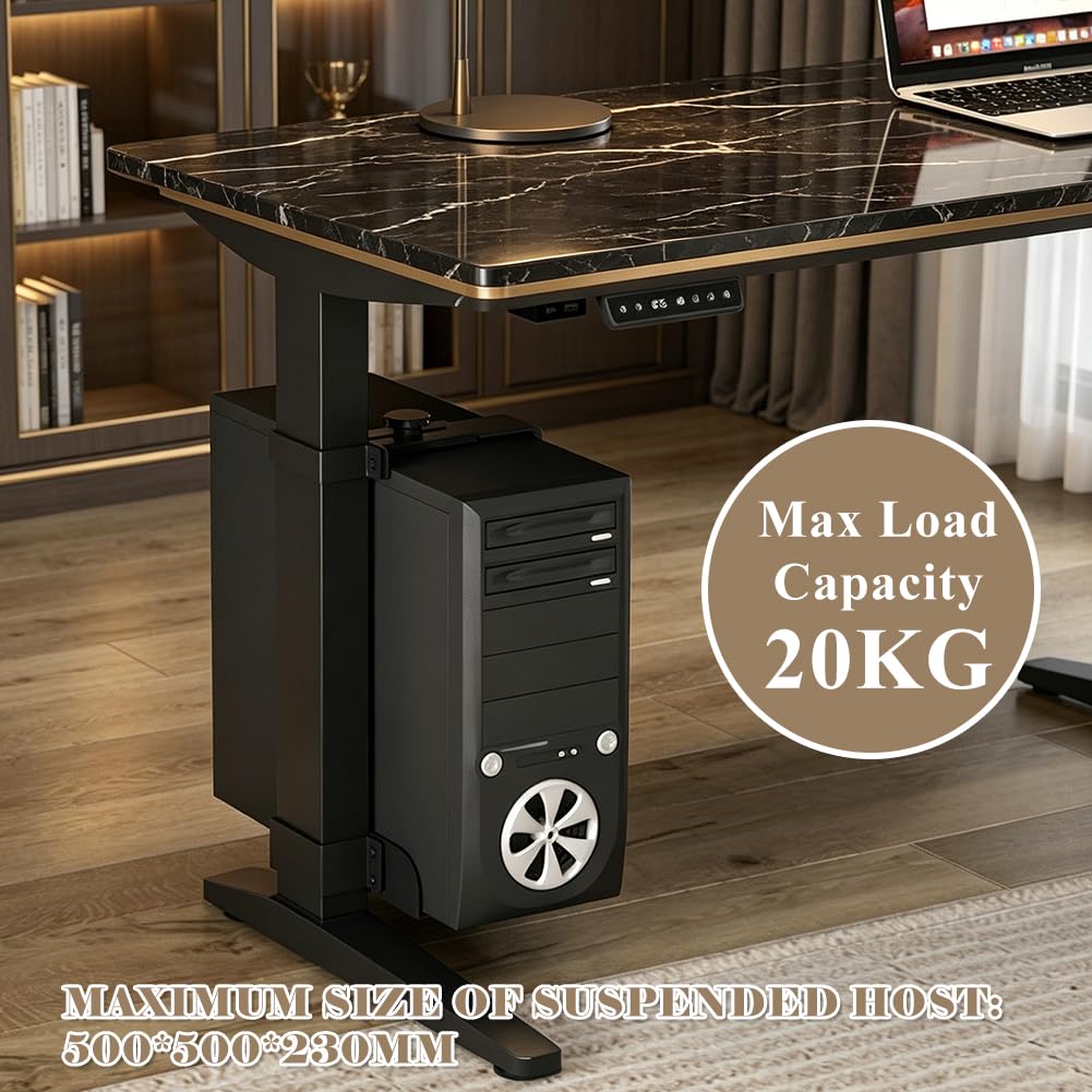 Support PC sous bureau sans perçage, pour bureau réglable en hauteur (pied de table 65 x 45 mm), capacité de charge de 18 kg, réglable en hauteur/largeur, support PC pour tour (noir)