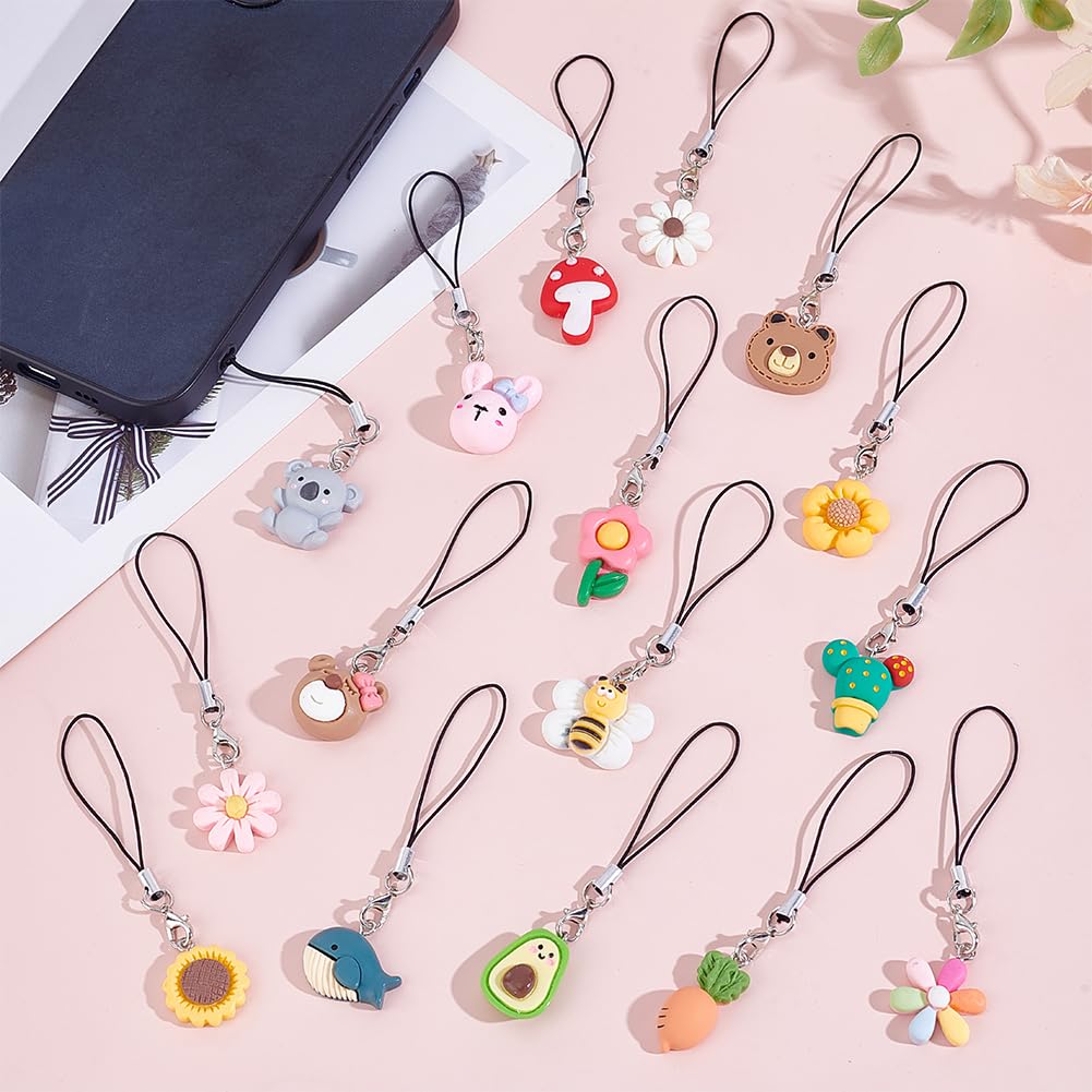 Mignon Résine Téléphone Breloques Sangle 8.5-9cm Ours Lapin Koala Champignon Abeille Fleur Pendentifs Porte Clés Décoration