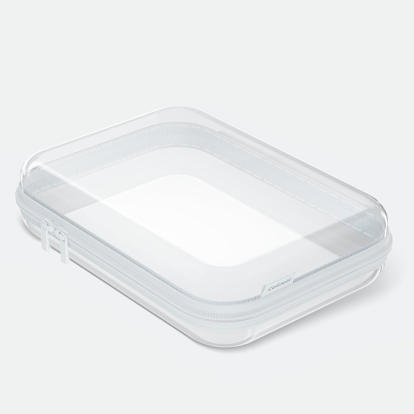 CoiiJoii Clear Hard Shell Zipper Case,Transparent Double Zippers Hard Pouch,Portable Travel Organizer Bin for Storage (White, 1pc)