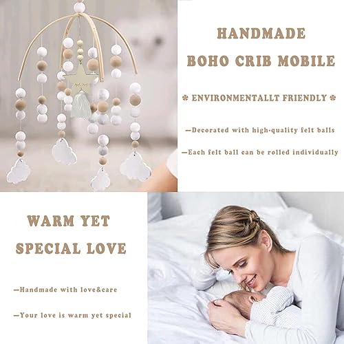 Miniatura 5 de Móvil para cuna, móvil neutro para cuna, móvil de cuna de cuentas de madera, móvil de bola de fieltro, móvil de techo móvil de pompón de bebé hecho