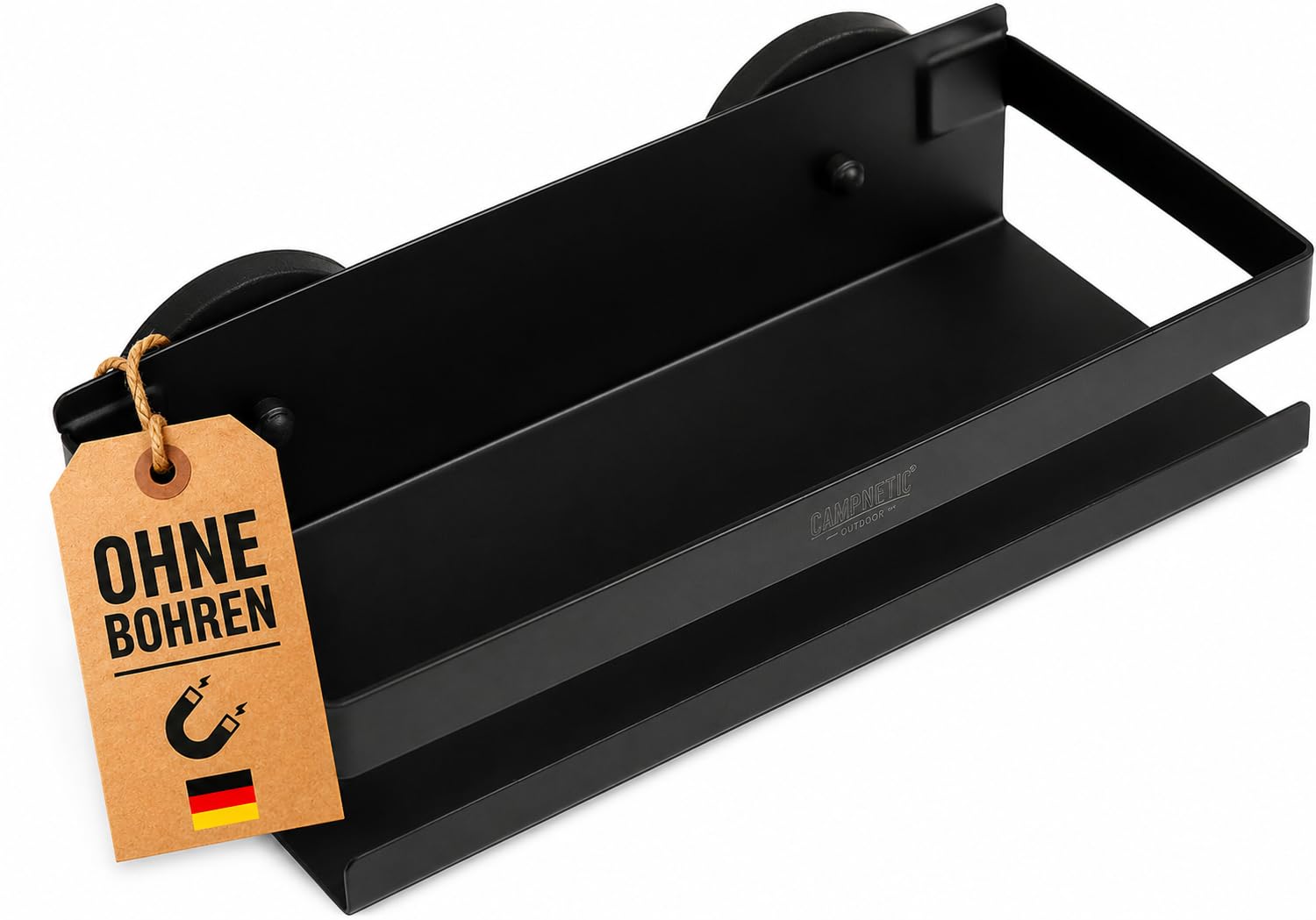 Campnetic magnetisches Regal-Körbchen 23 x 10cm Schwarz für Camping | Einfaches Anbringen ohne Bohren, Magnetische Gewürzregal, Vanlife & Wohnmobil, Komplettes Set inkl. Beutel