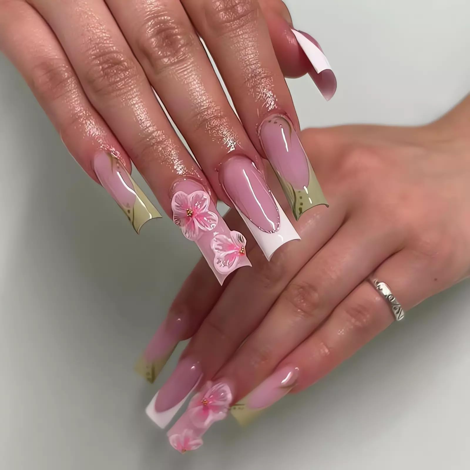 OHWODA Long Press on Nails with 3D Floral Designs, Pink French Tips Fake Nails, Glossy Finish Glue on Nails, Extra Long Square Shaped Artificial Nails