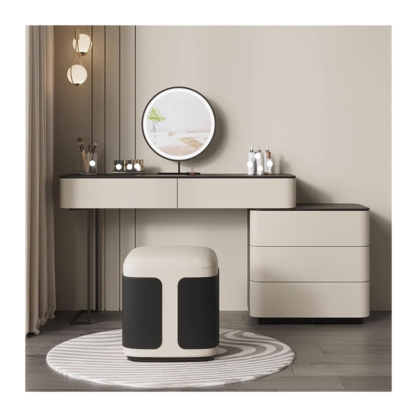 asdchZen White Artificial Leather Makeup Table With Mirror & Nightstand 5 Spacious Drawers Stylish Vanity For Girls & Women 80Cm Bedroom Furniture