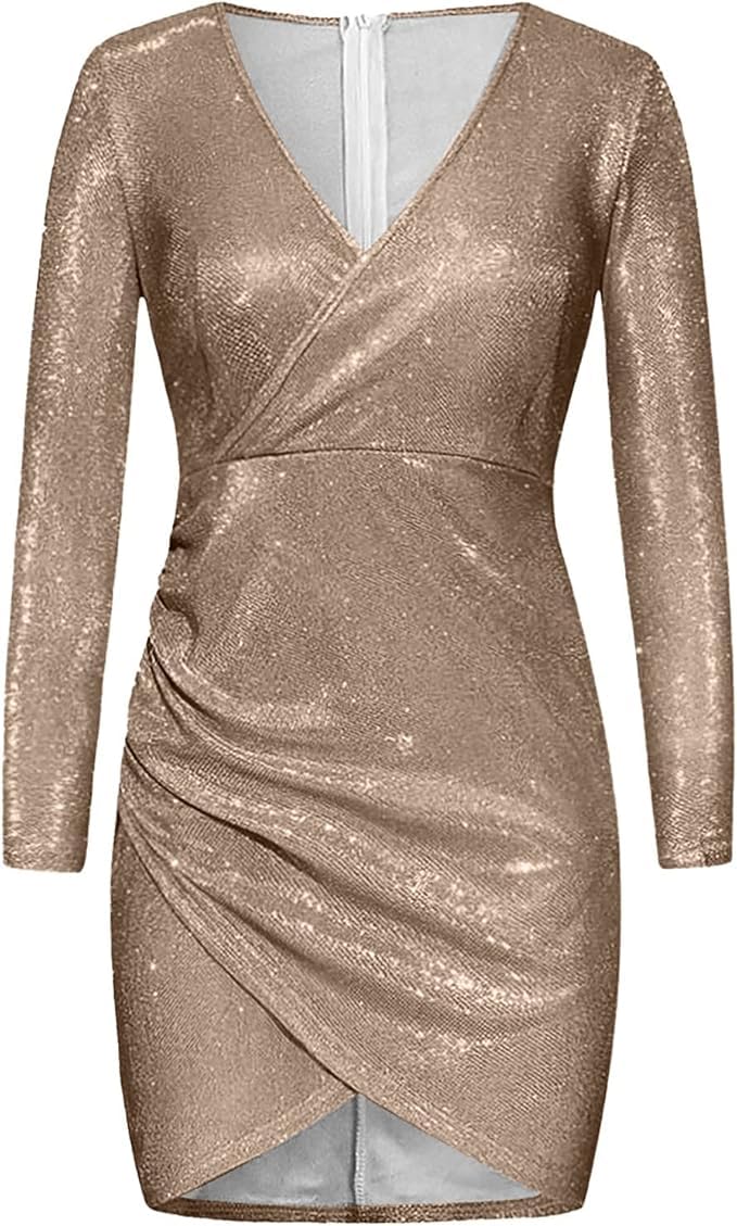 Robe à Paillettes Longueur Genou, Robe Courte à Paillettes à Manches Longues, col en V, Sexy, de fête, de Cocktail