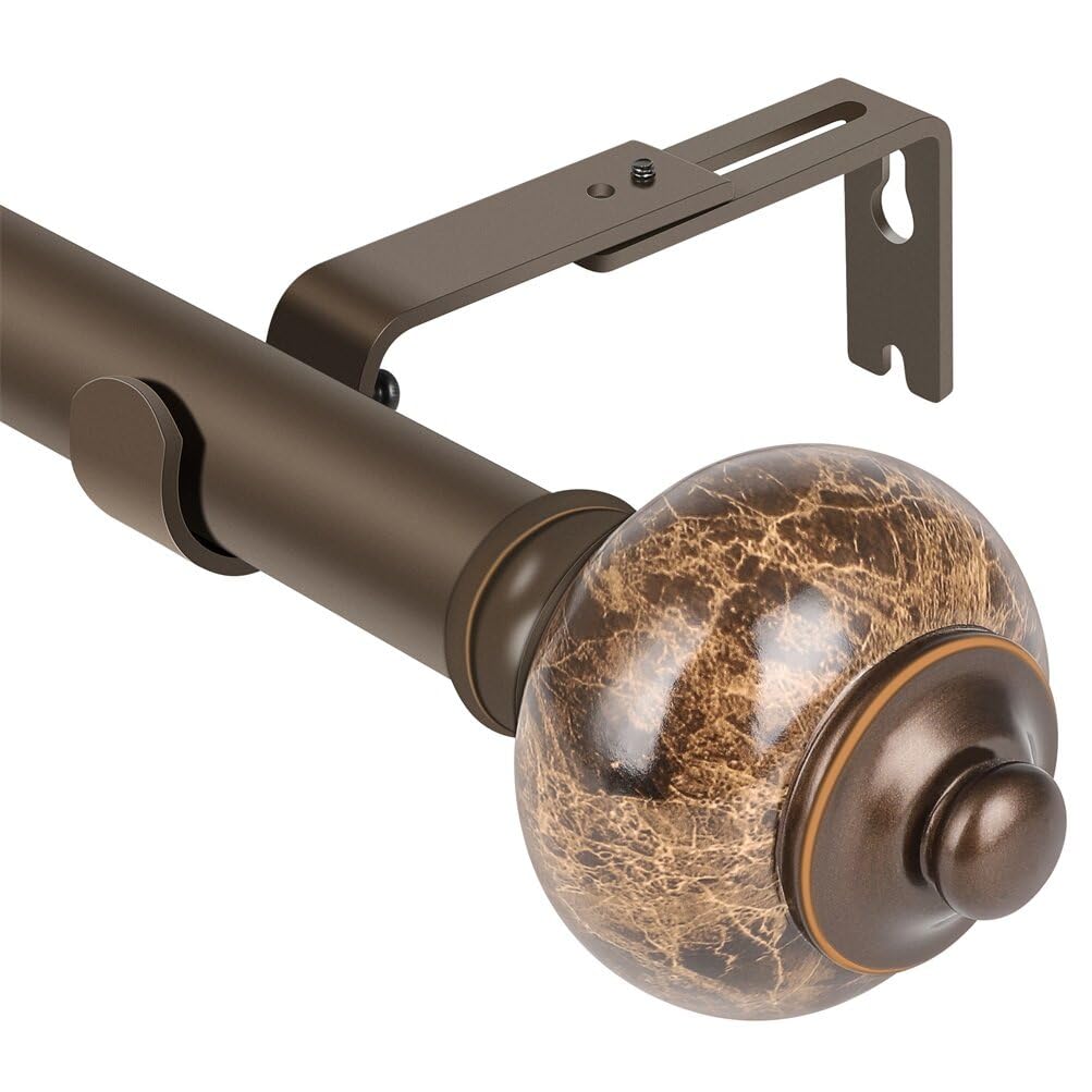 SCITOO Window Curtain Rods,1 Inch Polished Bronze Telescoping Curtain Rods for Windows 72-144 inch Single curtain rod Marbled Finial