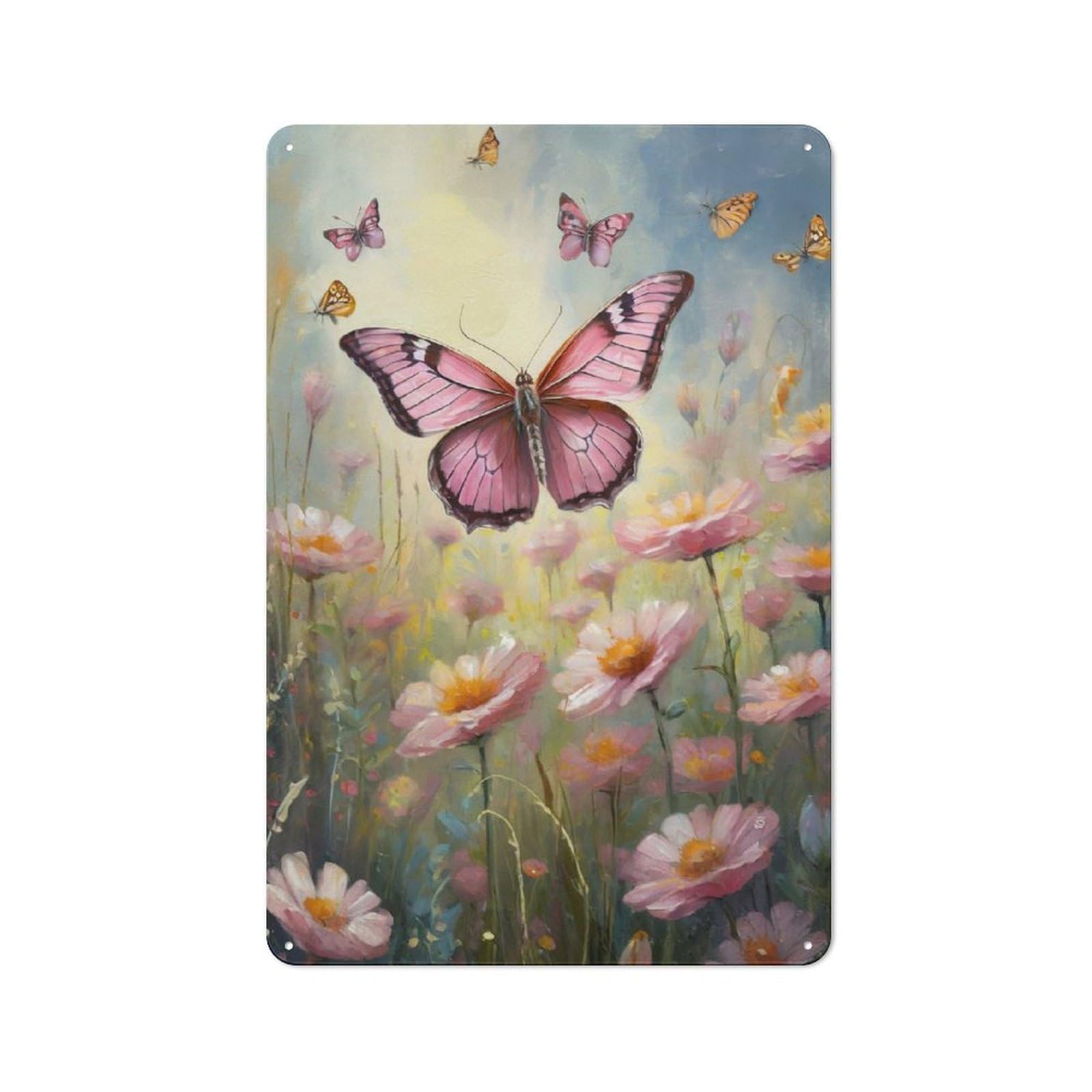 Junmoney Style-18 Pink Butterfly On A Field Industrial Metal Wall Decor 30X20cm, Tin Sign For Workshop, Basement, Shed Or Games Room