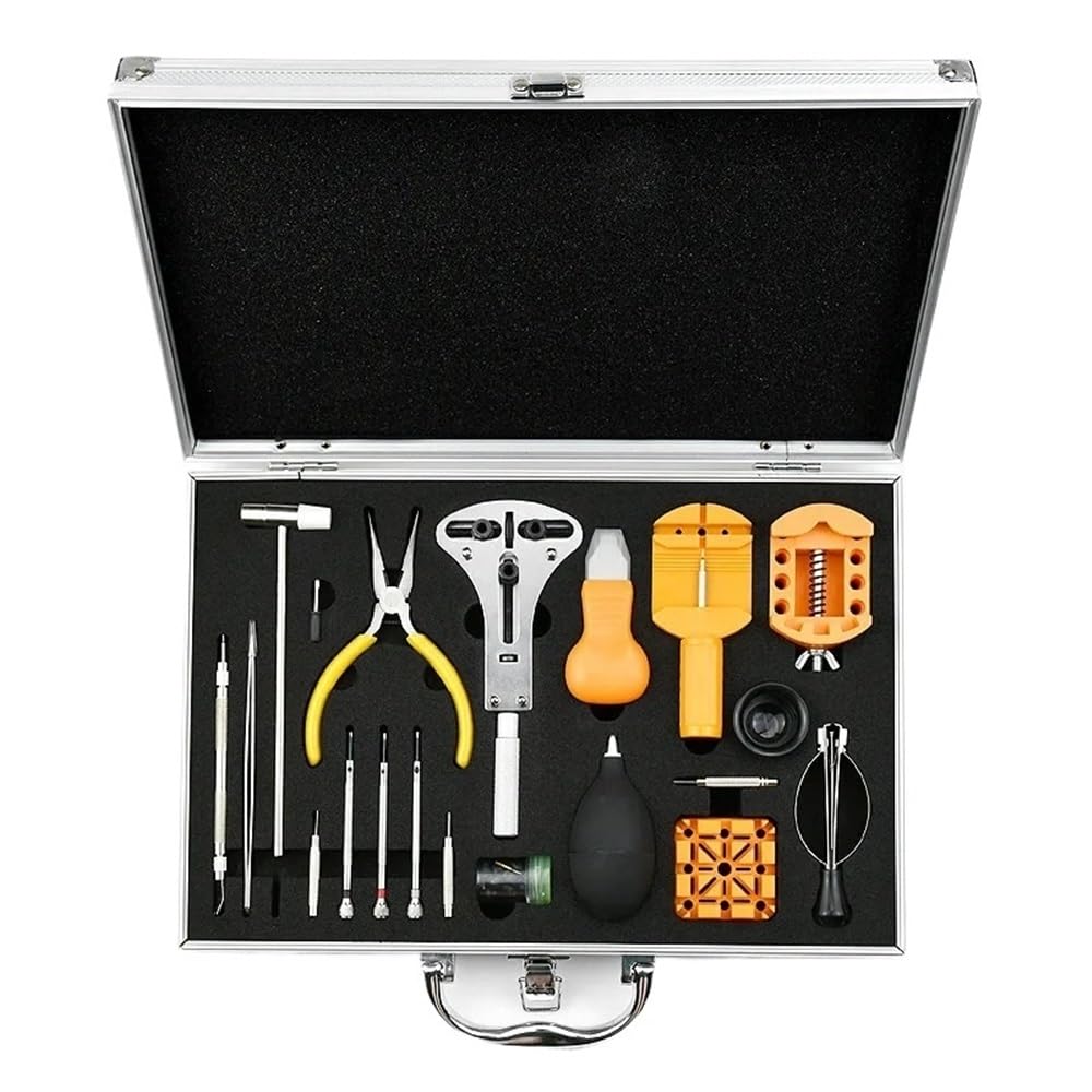 Professionelles Komplettset für Uhrenreparaturen – Aluminiumlegierungsbox für mechanische und Quarzuhren (orange)