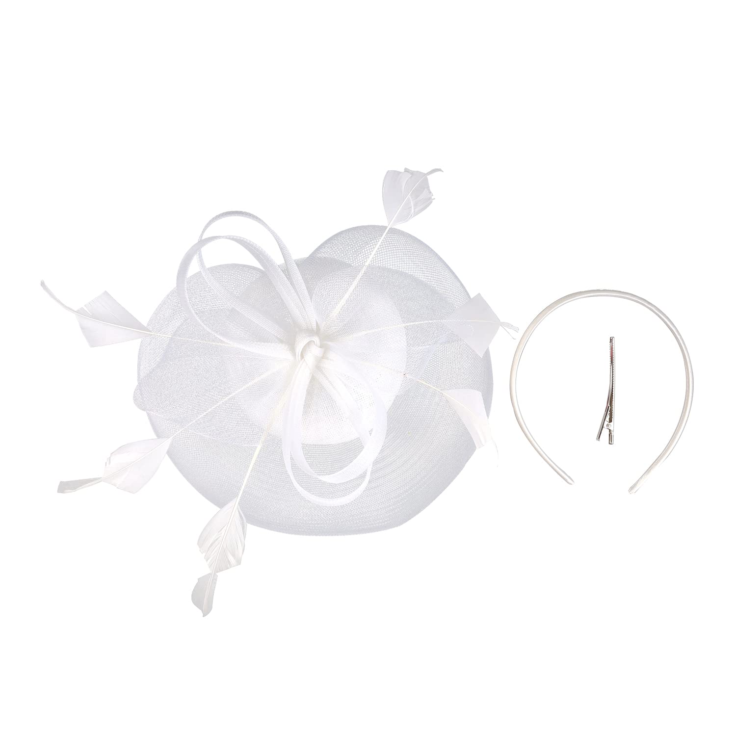 Brawlady Fascinator Hat with Mesh, Flower Feather Hat with Headband and Clip, Bridal Wedding Tea Party Church Headwear for Women Ladies