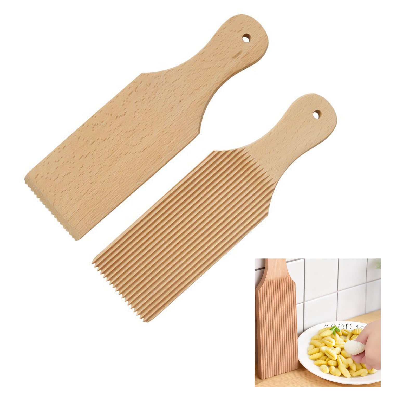 Gnocchi Board, 2 Pack Butter Paddles Natural Beech Kitchen Tools with Grooved Surface Homemade Pasta and Butter Noodles Wooden Butter Table for Shaping Maker Homemade