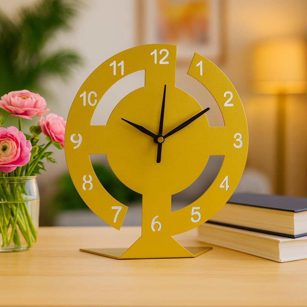 Ingo creation Designer Metal Table Clock with Sweep and Silent Movement Machine Unique Design for Office/Home/Table || Golden Color Matte Finish (20cm X 18cm) 2