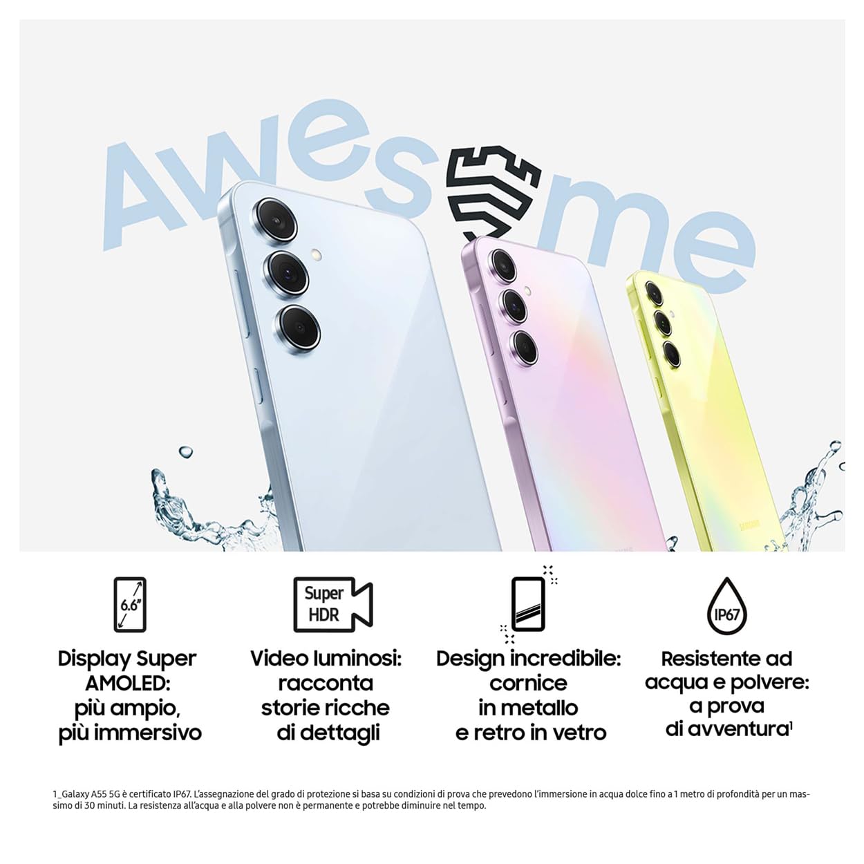 Samsung Galaxy A55 5G,Clear Cover inclusa, Smartphone Android 14, Display FHD+ Super AMOLED 6.6”, 8GB RAM e 256GB di memoria interna espandibile, Batteria 5.000 mAh, Awesome Lemon [Versione Italiana]