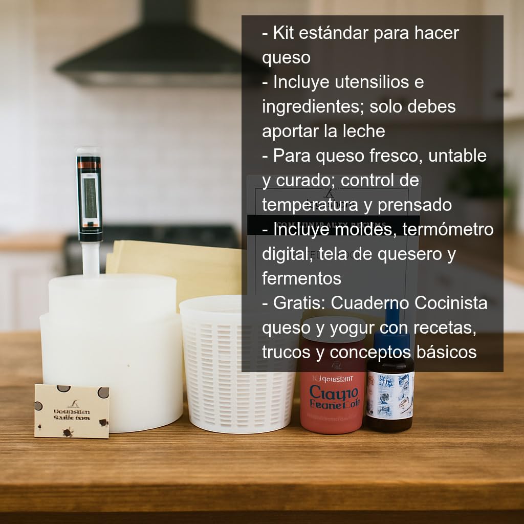 Cocinista Kit para hacer queso casero estándar con moldes, fermentos, cuajo, termómetro y tela Incluye cuaderno recetas para queso fresco, untable y curado