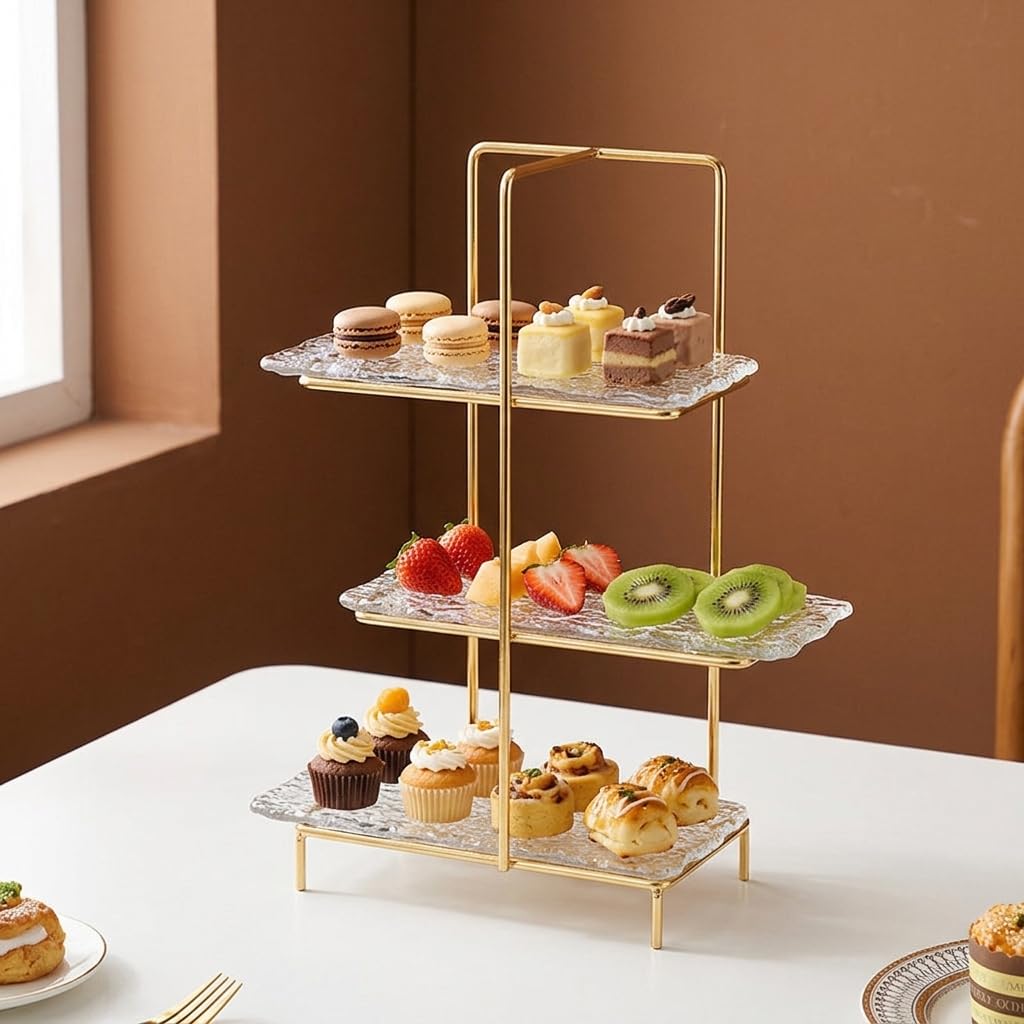 Alzatina per Dolci in Vetro e Ferro Dorato, Alzate per Buffet 4 Livelli, Espositore da Tavola per Dessert e Frutta, Vassoio da Portata Elegante , Lusso leggero, retrò, tre strati
