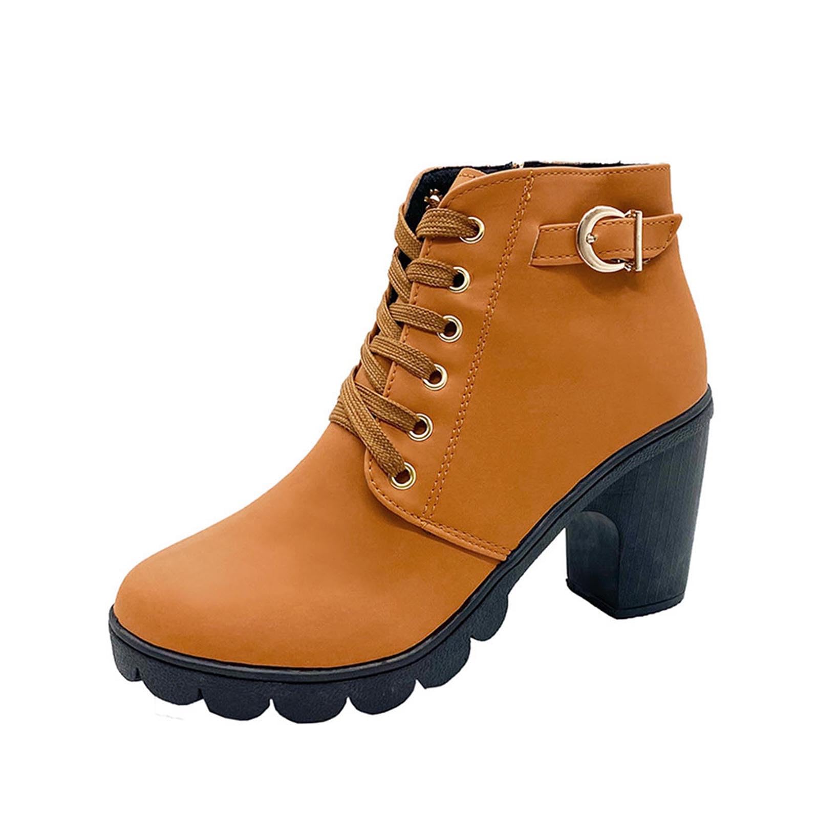 Women Ankle Boots British Style Round Toe Lace Up Side Zipper Platform High Heel Casual
